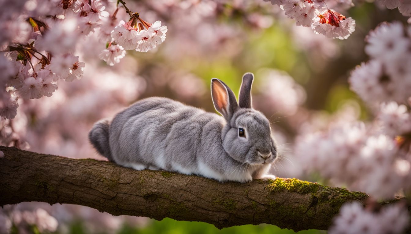 A rabbit peacefully rests under a blossoming cherry tree.