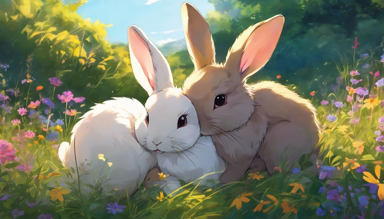 Two rabbits cuddling in a colorful meadow filled with wildflowers.