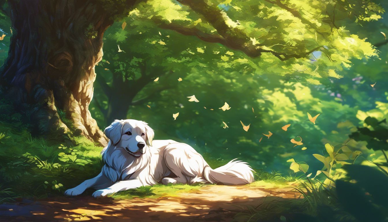 A loyal dog peacefully resting under a sturdy oak tree.