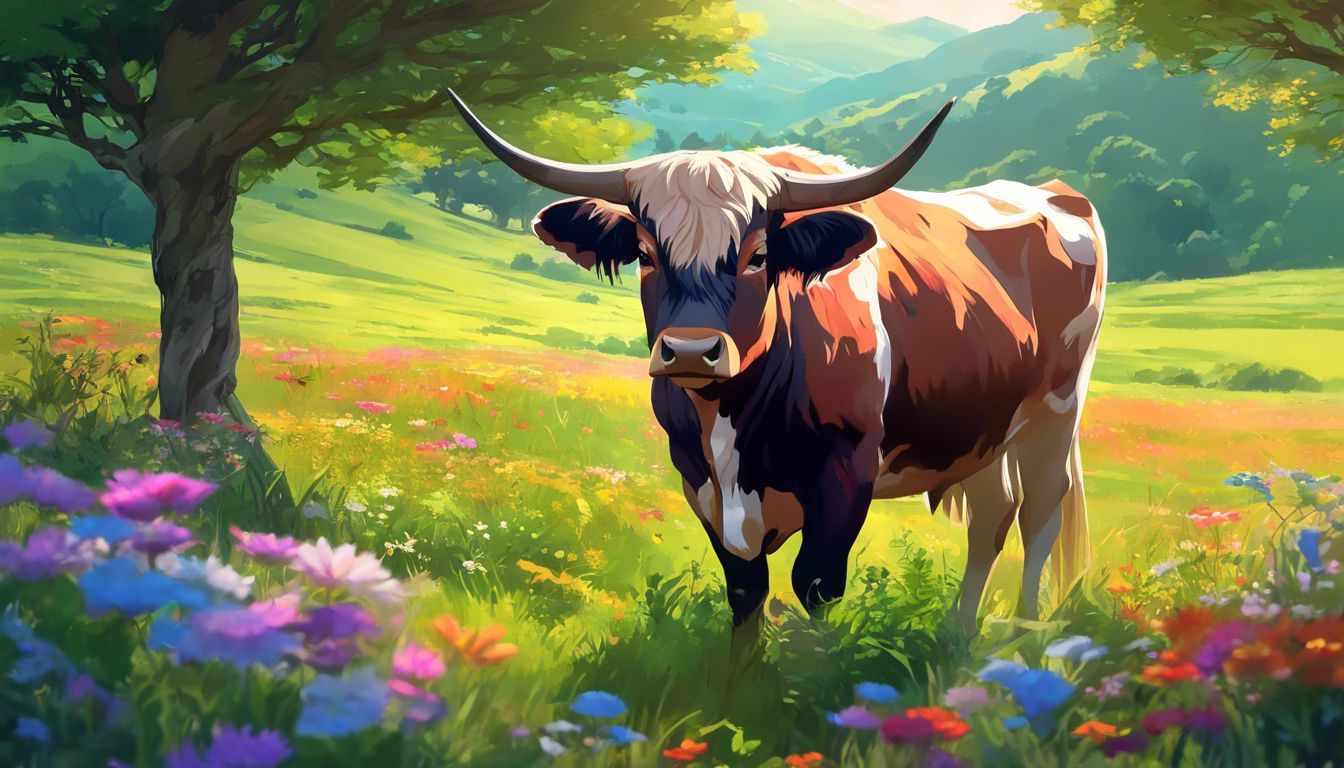 A calm ox peacefully grazing in a colorful meadow.