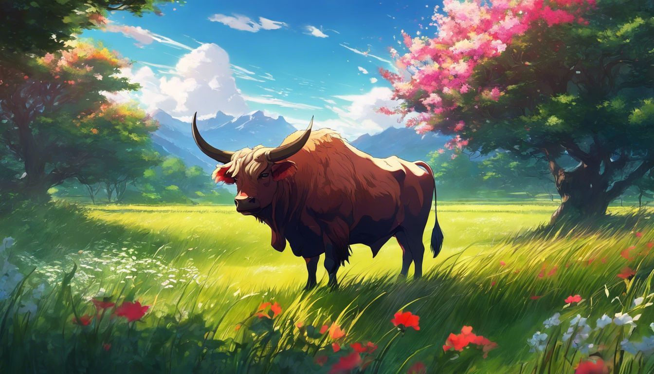 A powerful ox stands in a serene, lush field surrounded by flowers.