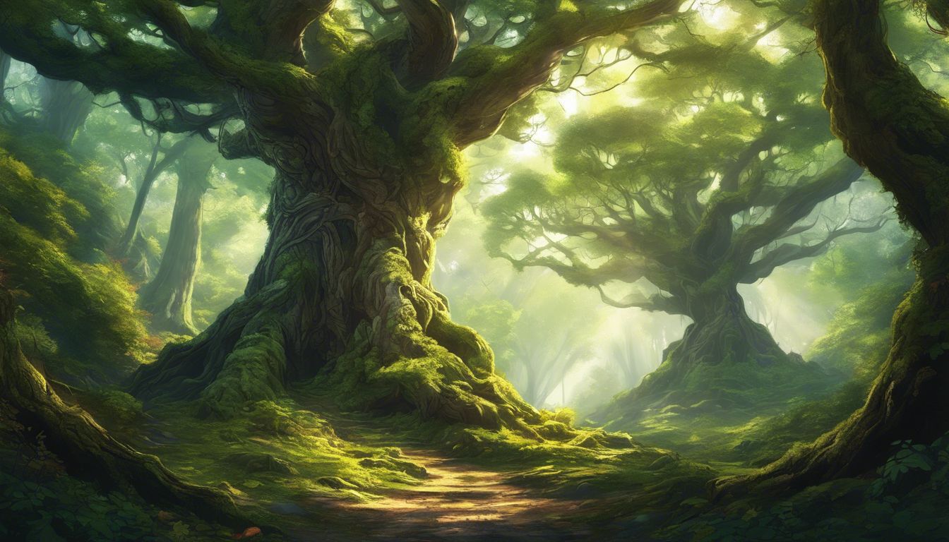 Two old oak trees intertwined in a serene forest, highlighting natural beauty.