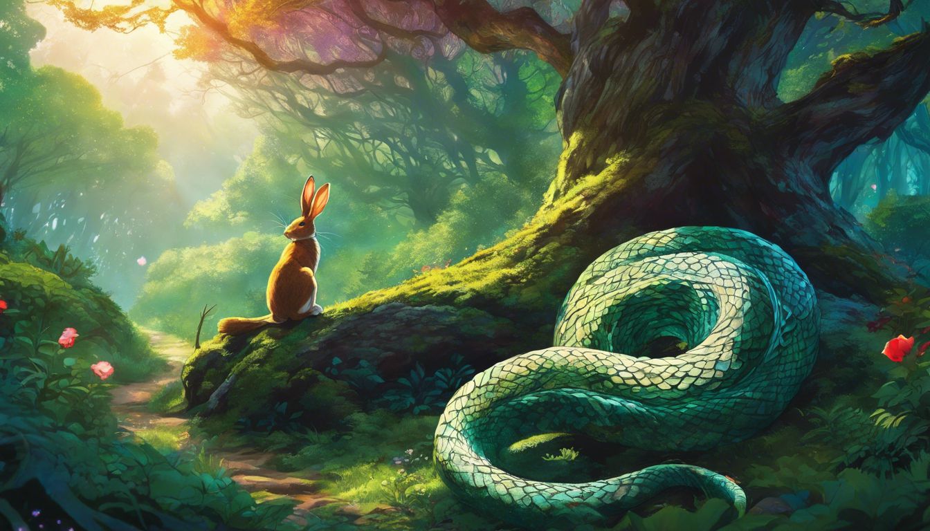 A serene rabbit and a serpent in a mystical forest.