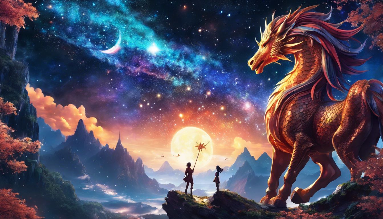 A dragon and horse figurine against a celestial backdrop with intricate details.