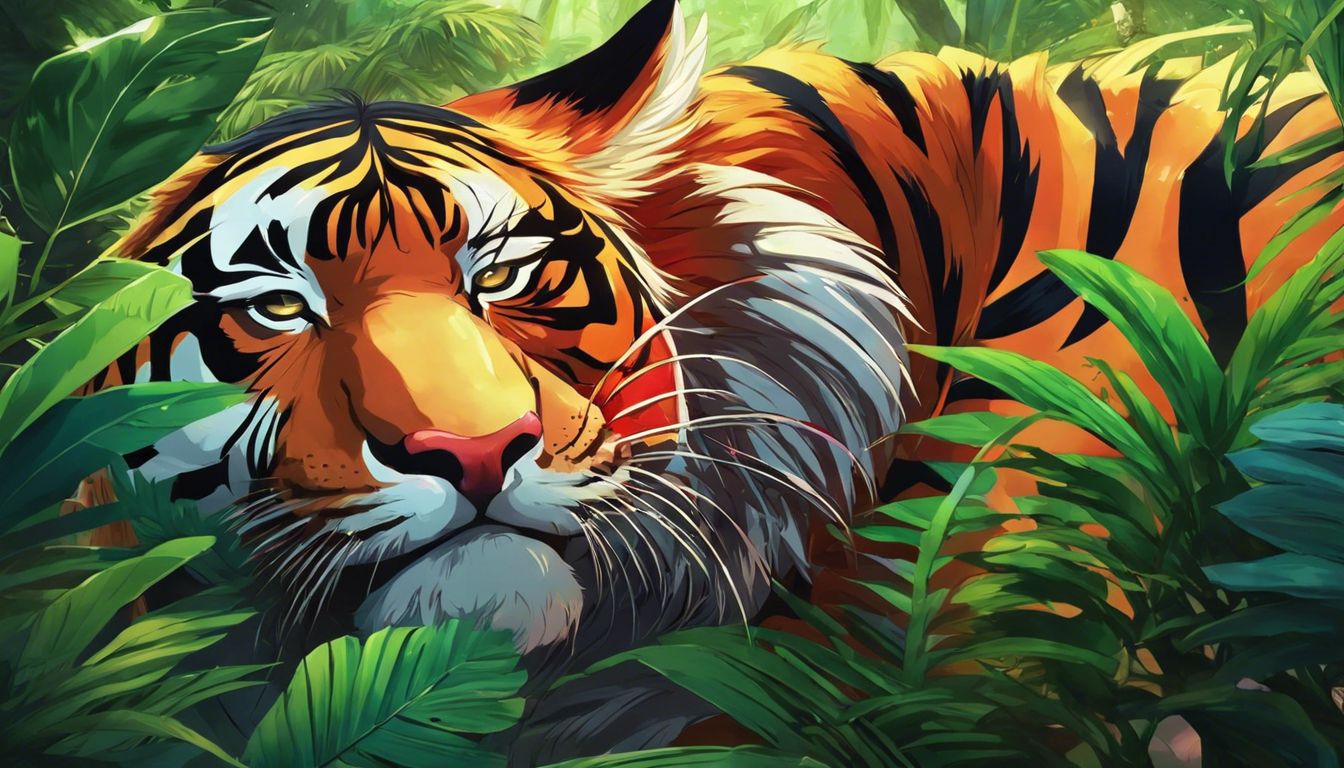 A tiger and rooster embrace in a vibrant jungle setting.