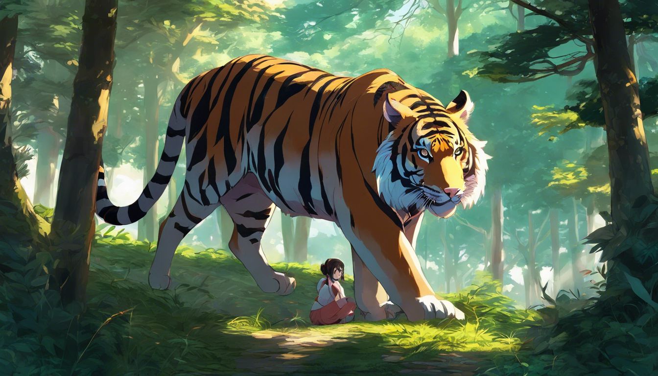 A tiger and pig peacefully coexisting in a serene forest clearing.