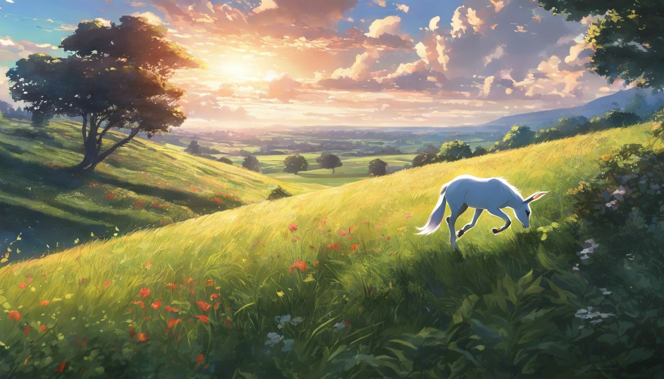 A rabbit cautiously explores a field as a horse gallops in the distance.