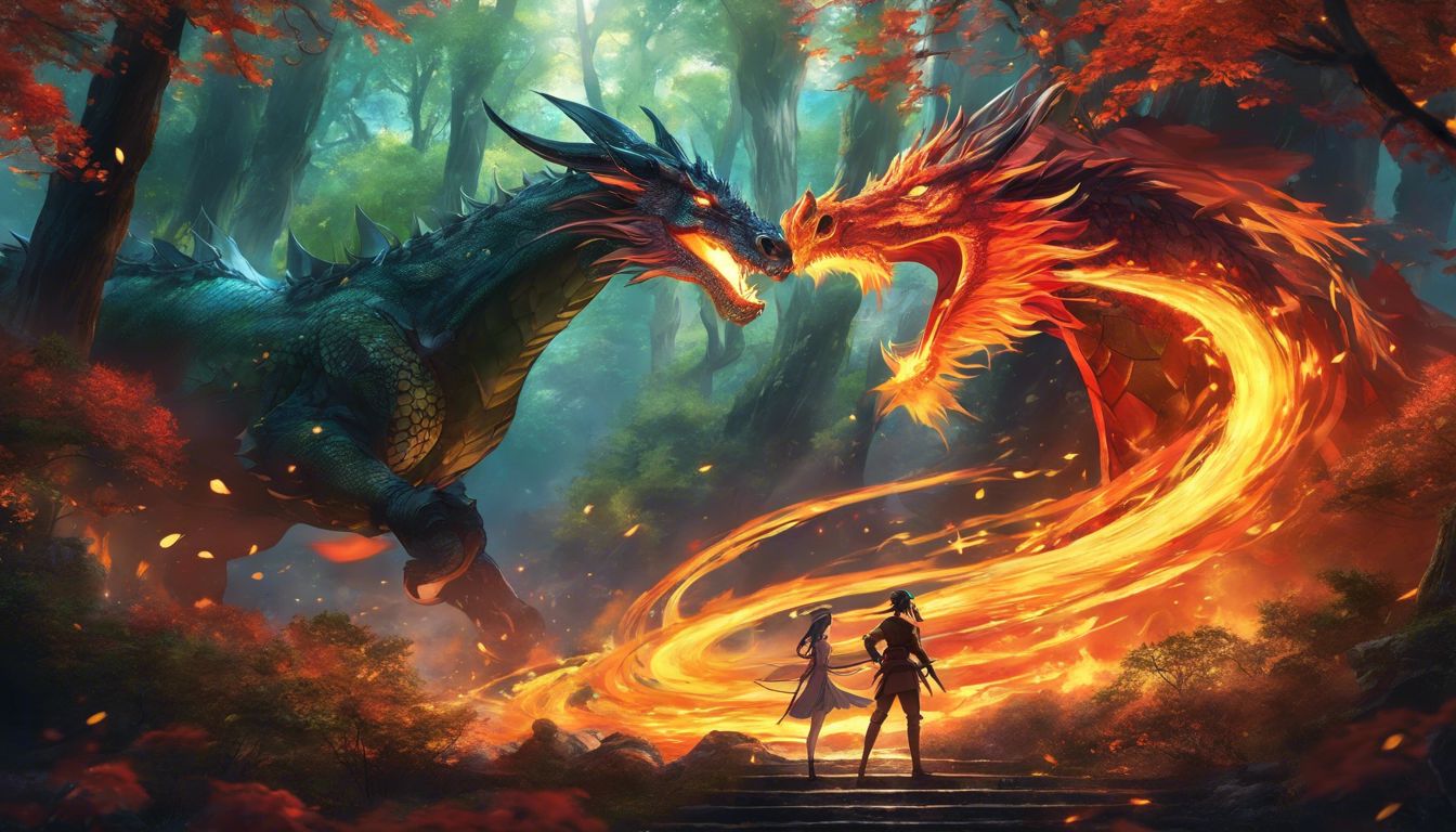 A dragon and a horse dance elegantly amidst a fiery forest.