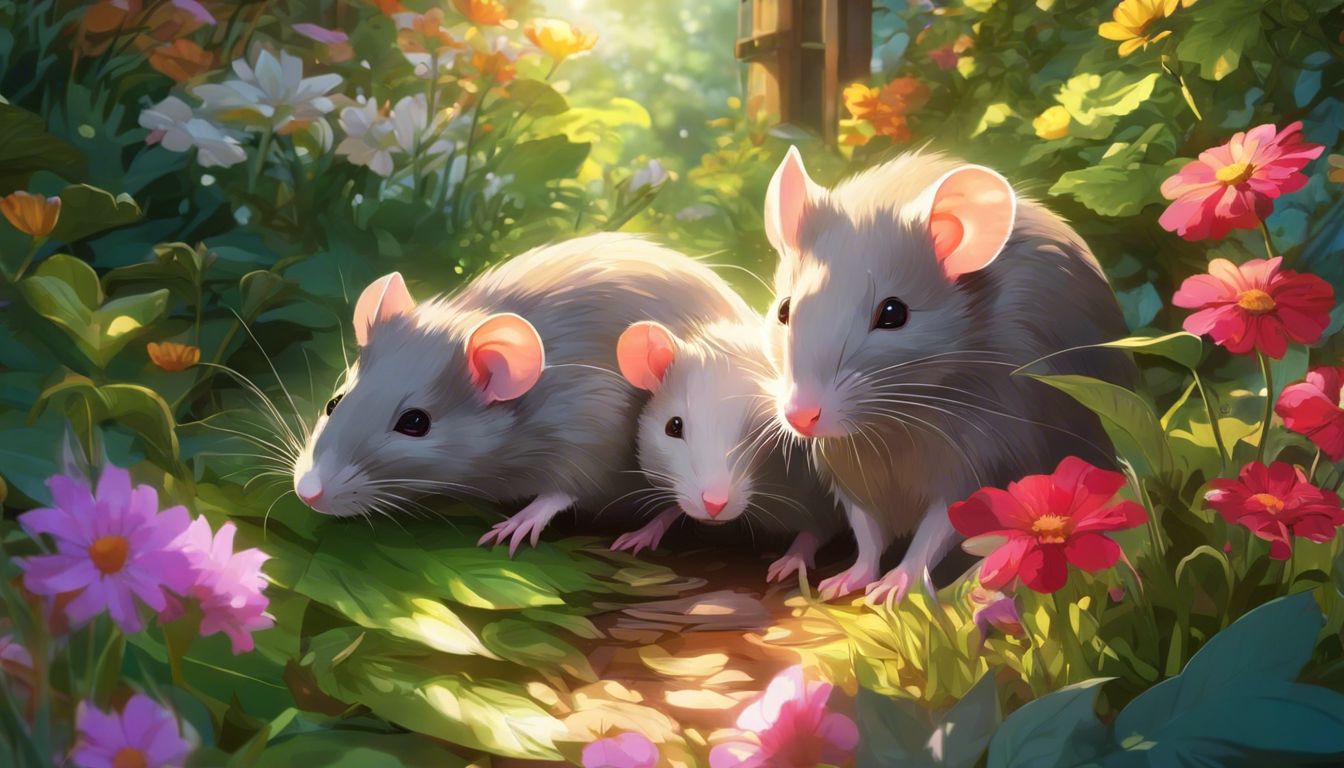 Two rats nestled together in a colorful garden surrounded by flowers.