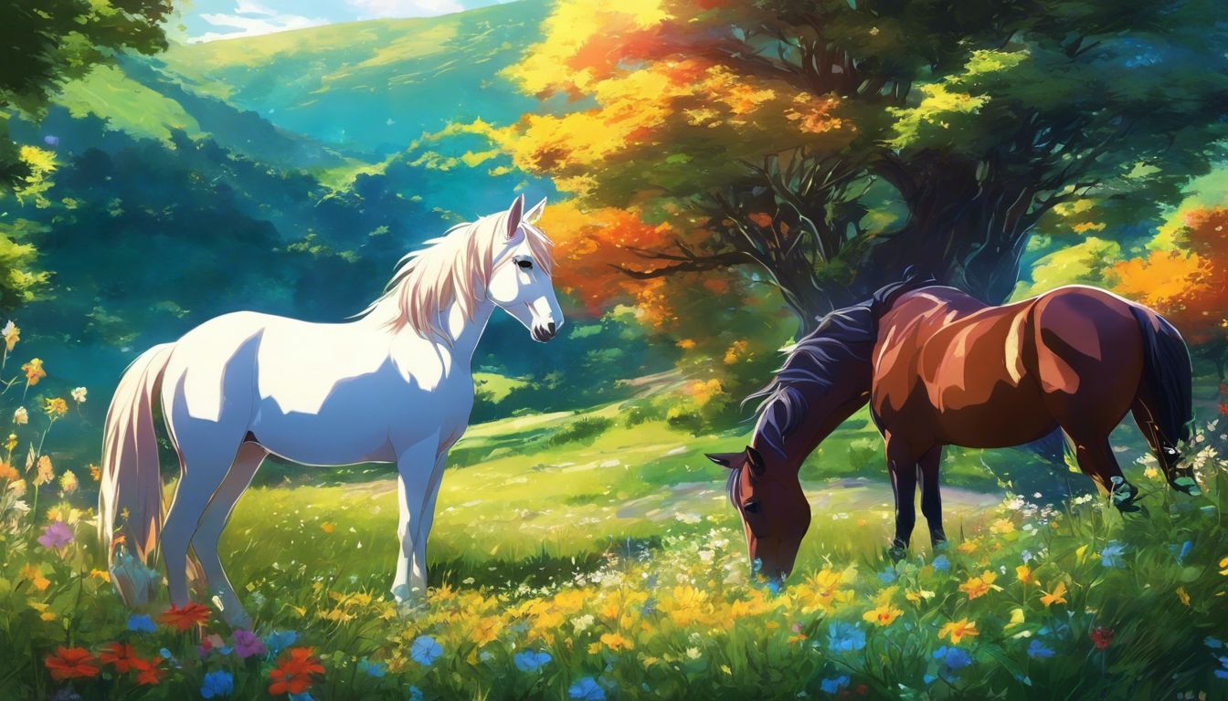 A rabbit and a horse peacefully grazing in a colorful meadow.