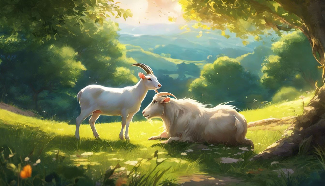 A rat and a goat peacefully coexist in a tranquil countryside meadow.