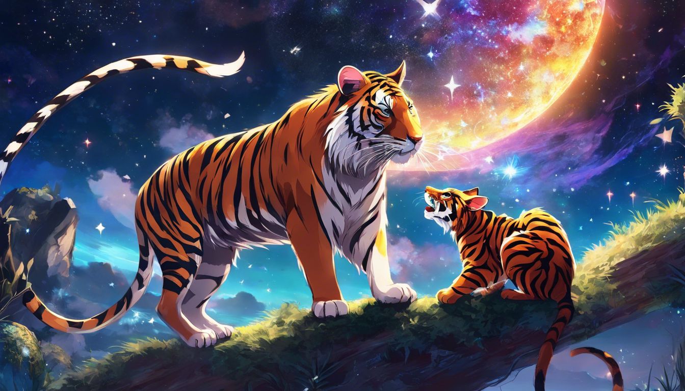 An artistic portrayal of a playful interaction between a rat and tiger.