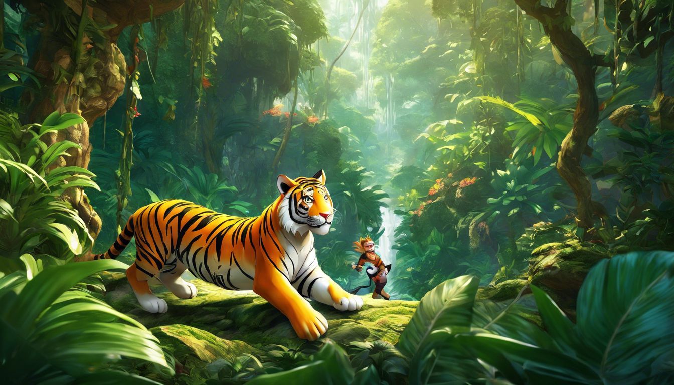 Two playful animal figurines in lush jungle scenery.