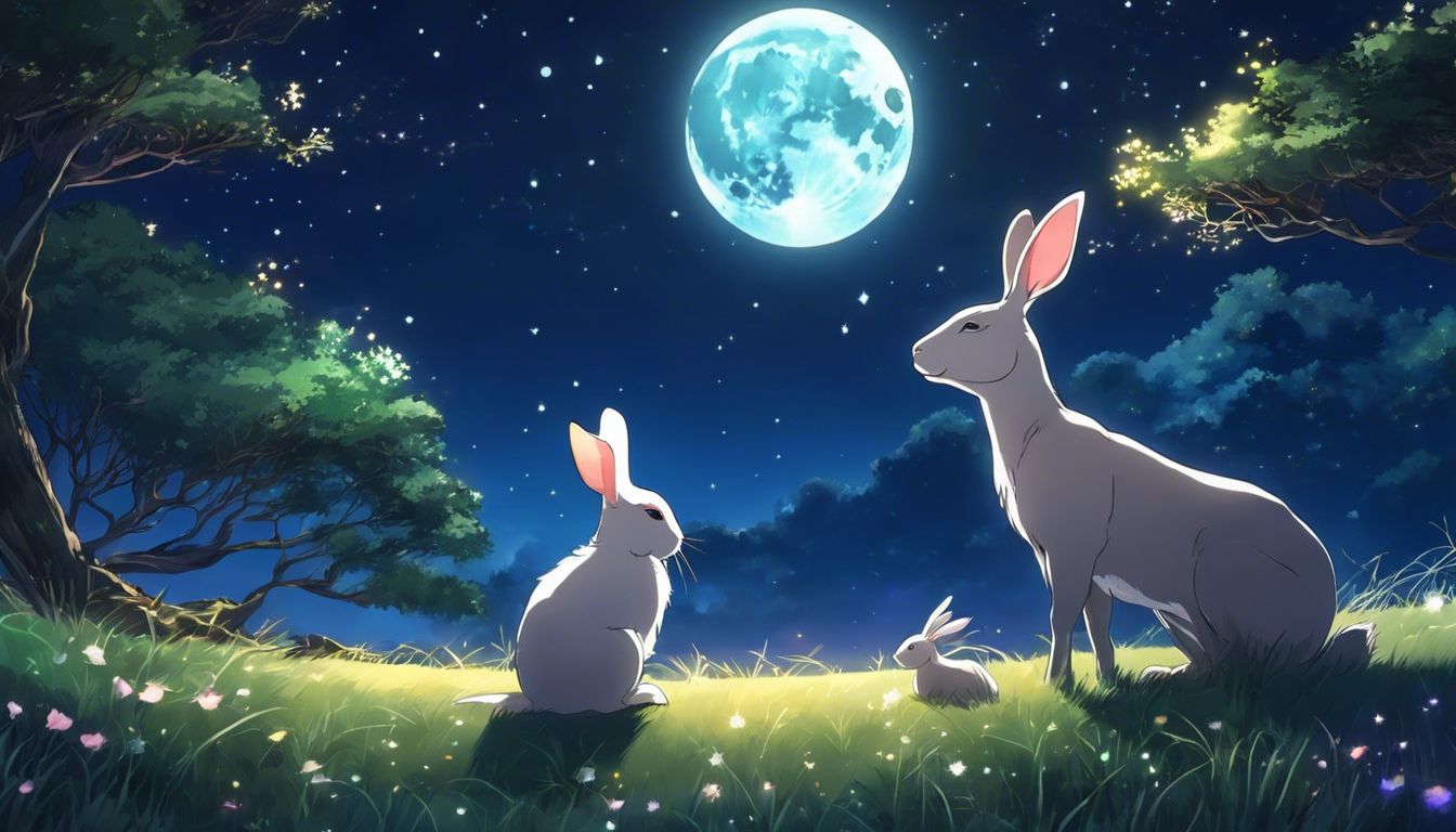 An Ox and a Rabbit peacefully stargazing in a meadow at night.