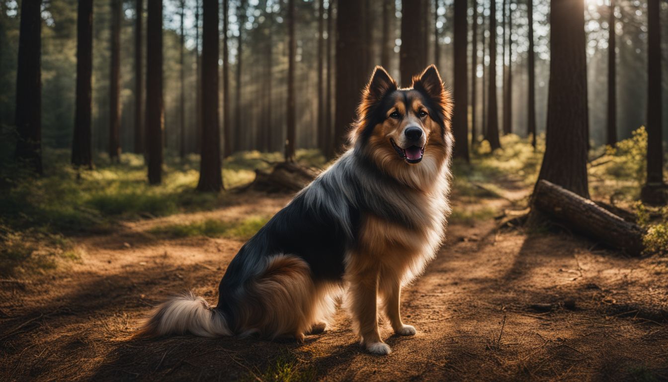 A loyal dog proudly stands in front of an ancient pine forest.