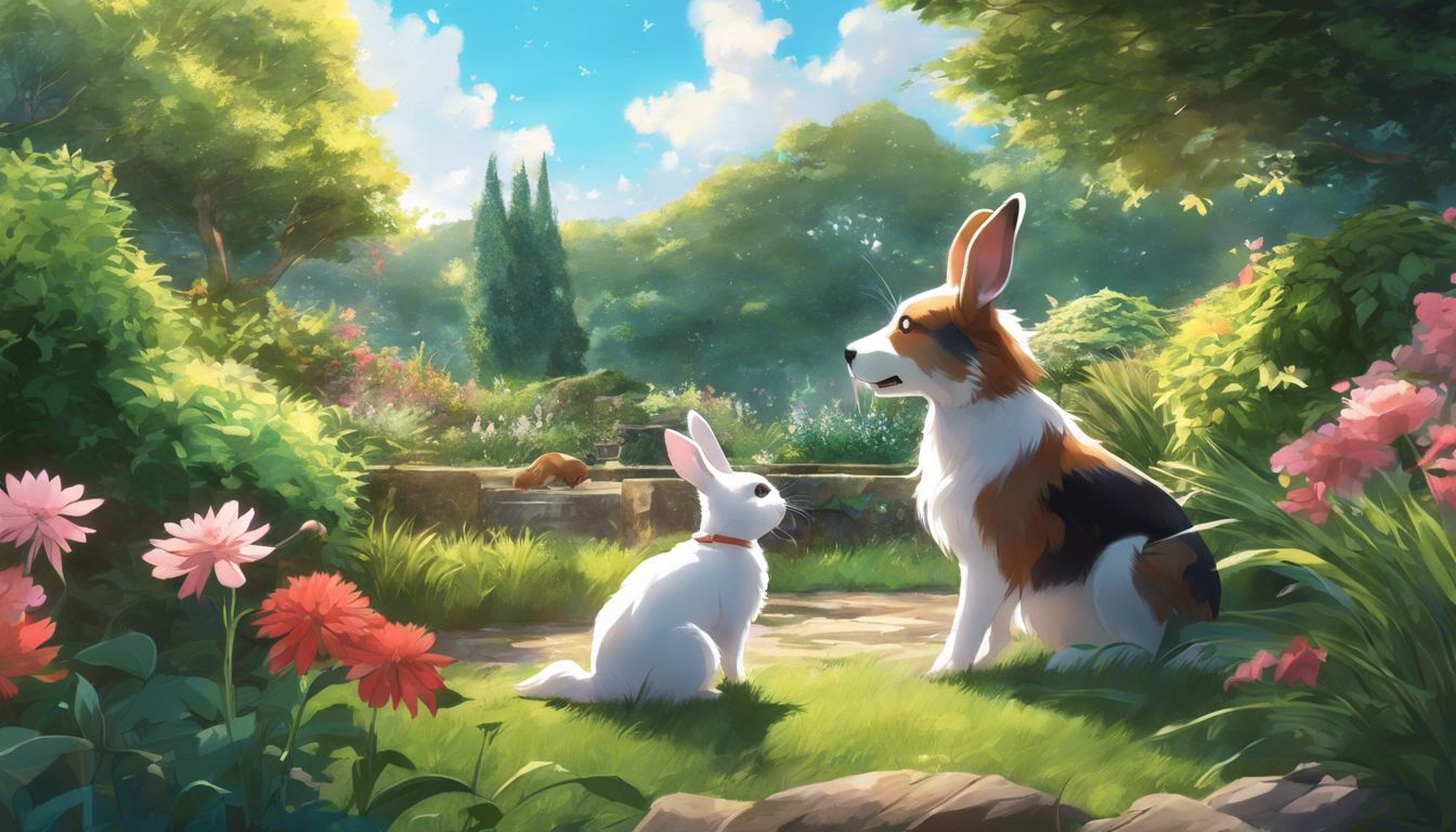 A rabbit and a dog play in a peaceful garden.