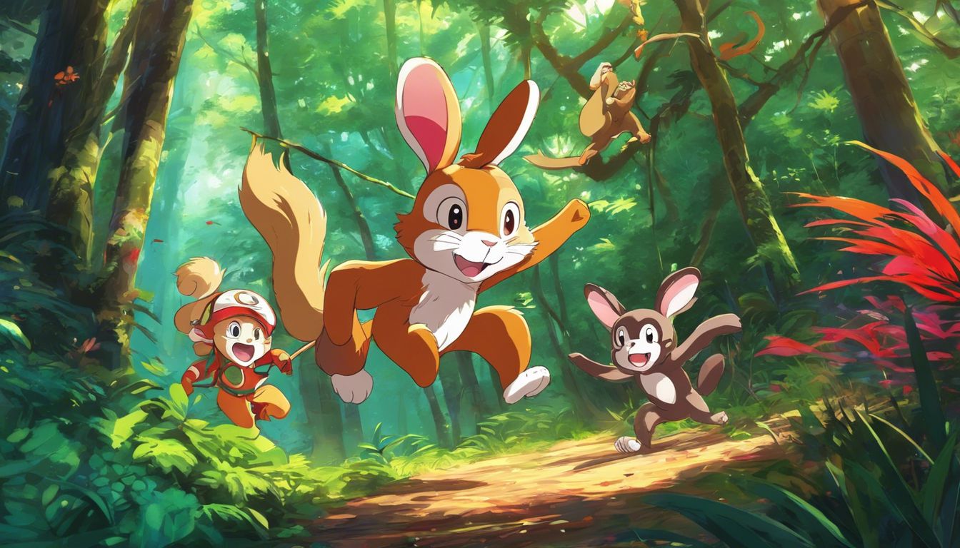 A rabbit and monkey playfully chase each other in a vibrant forest.