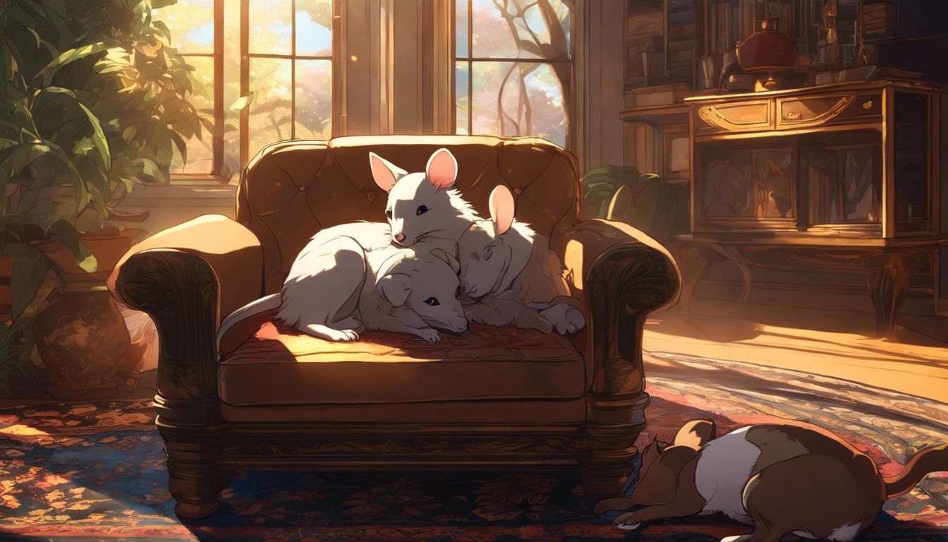 A rat and dog cuddle on a vintage armchair in a cozy space.