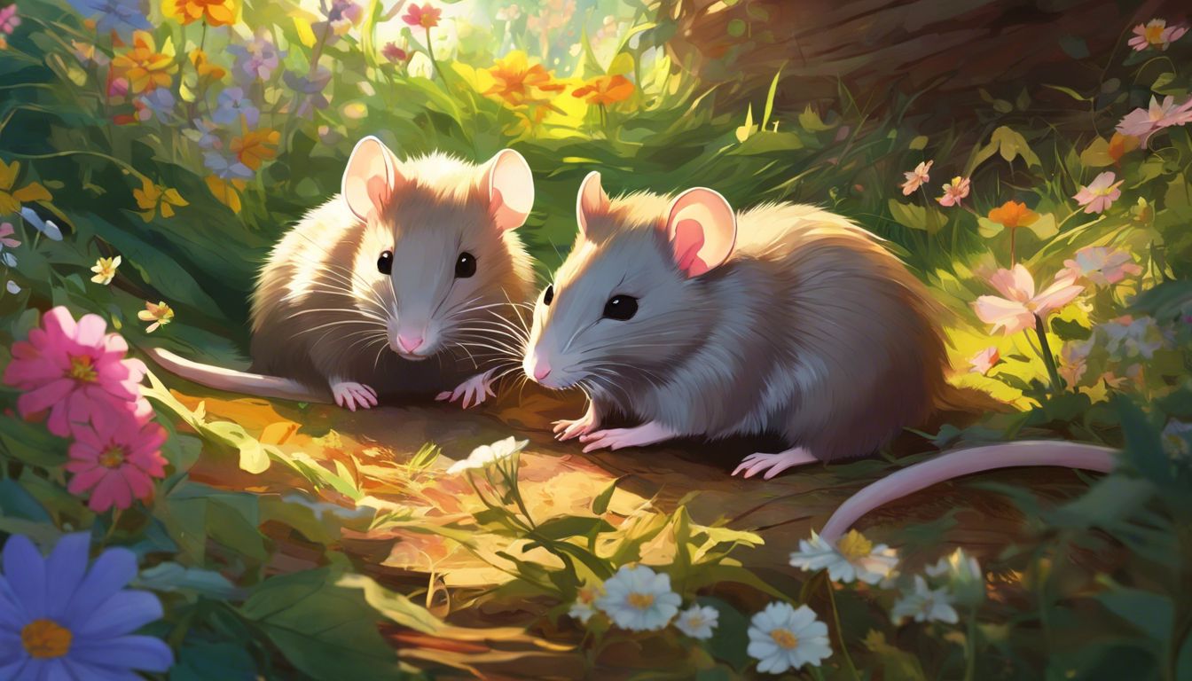 Two rats cuddling in a cozy burrow surrounded by wildflowers.