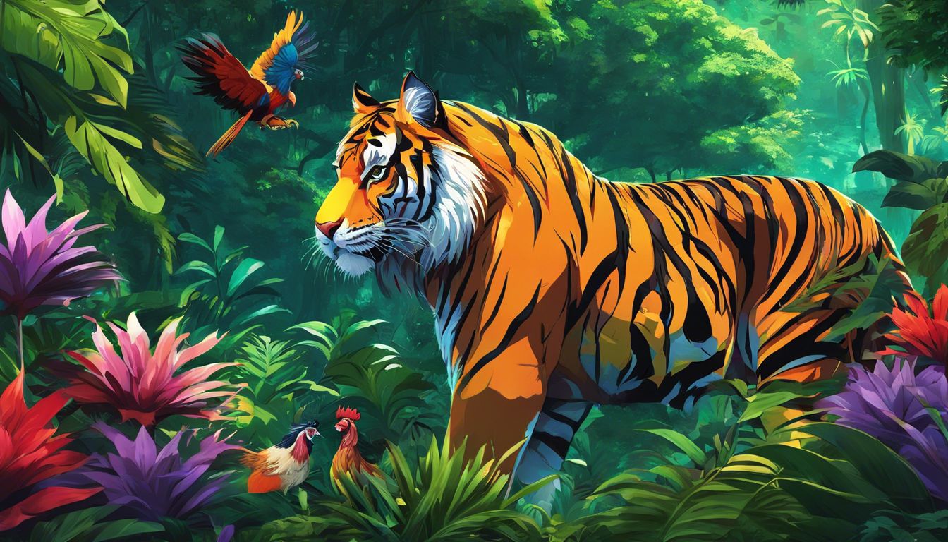 A majestic tiger and a proud rooster standing together in a vibrant jungle.