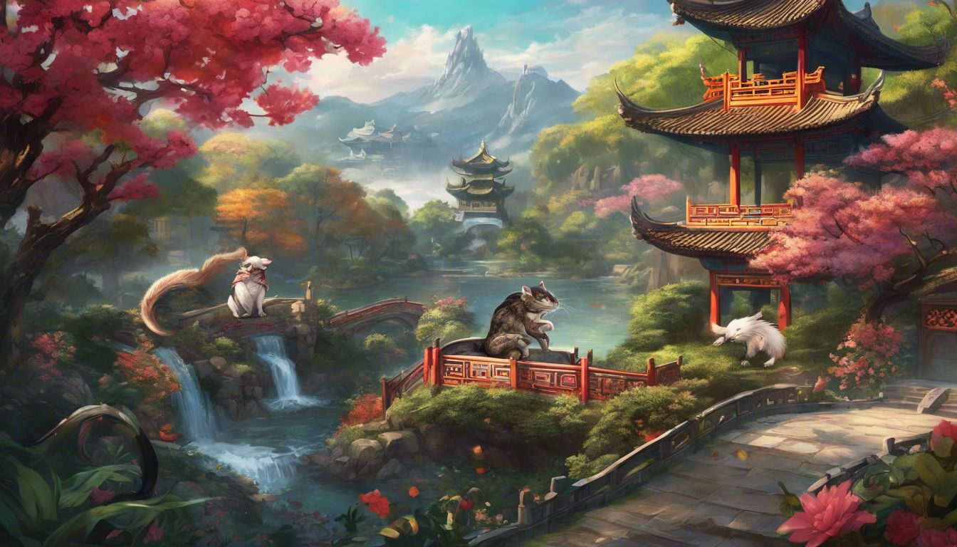 A rat and snake in a vibrant Chinese zodiac scene.