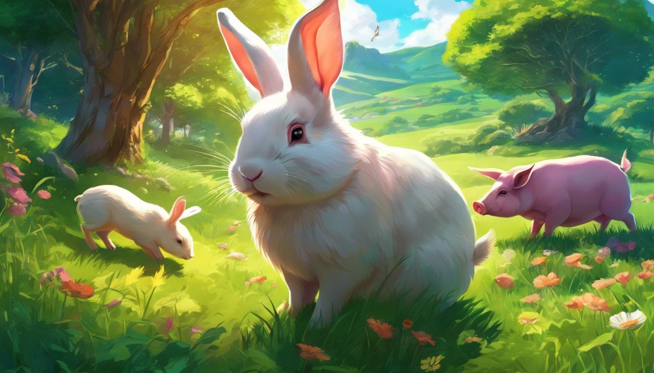 A rabbit and pig peacefully coexist in a lush meadow.