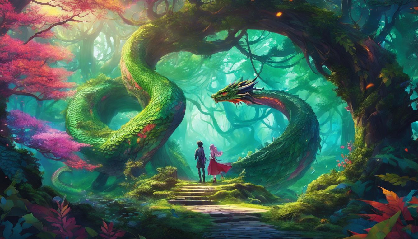 A dragon and snake coiled in a mystical, vibrant forest.