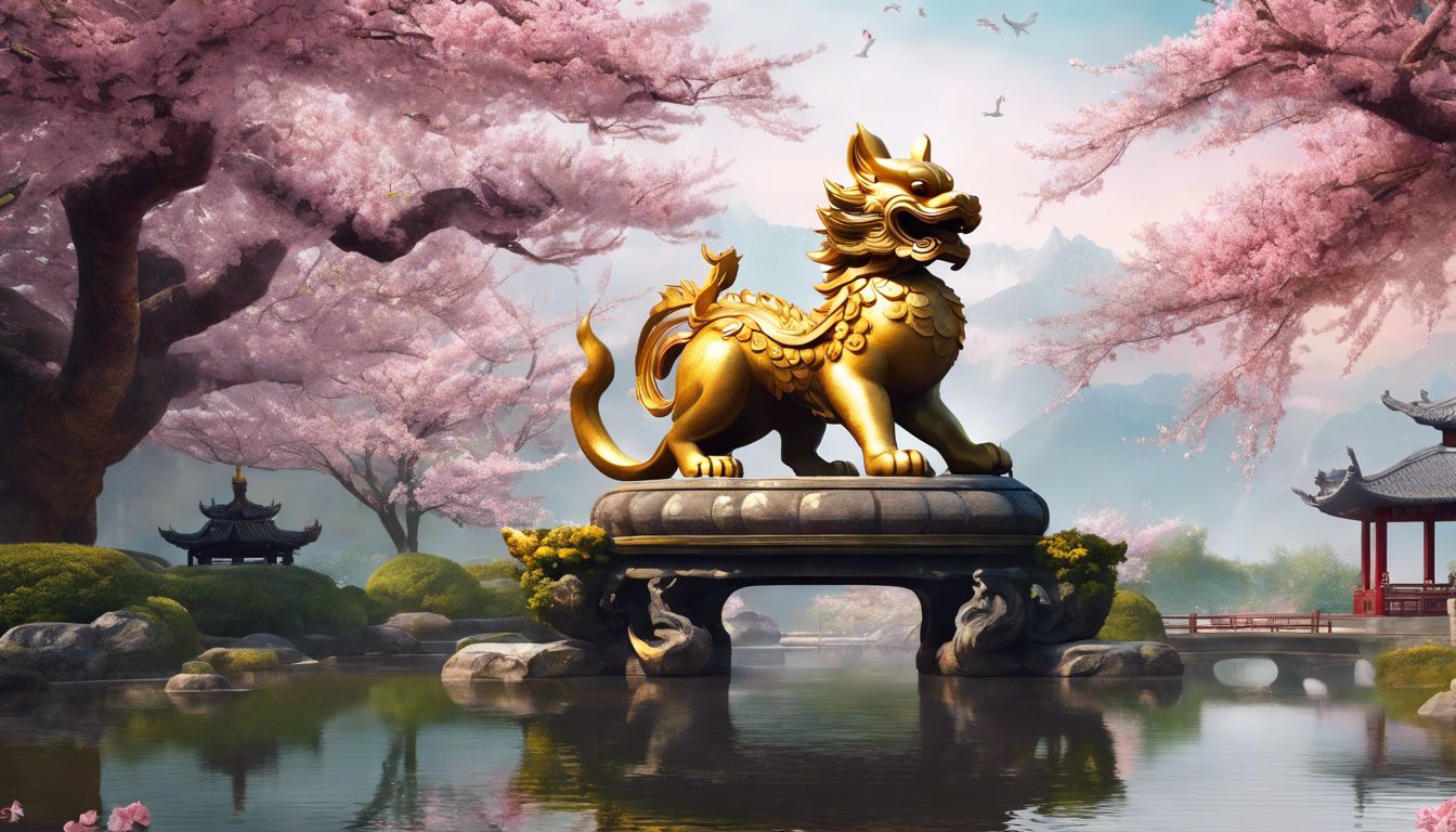 A majestic Pixiu statue in a traditional Chinese garden surrounded by nature.