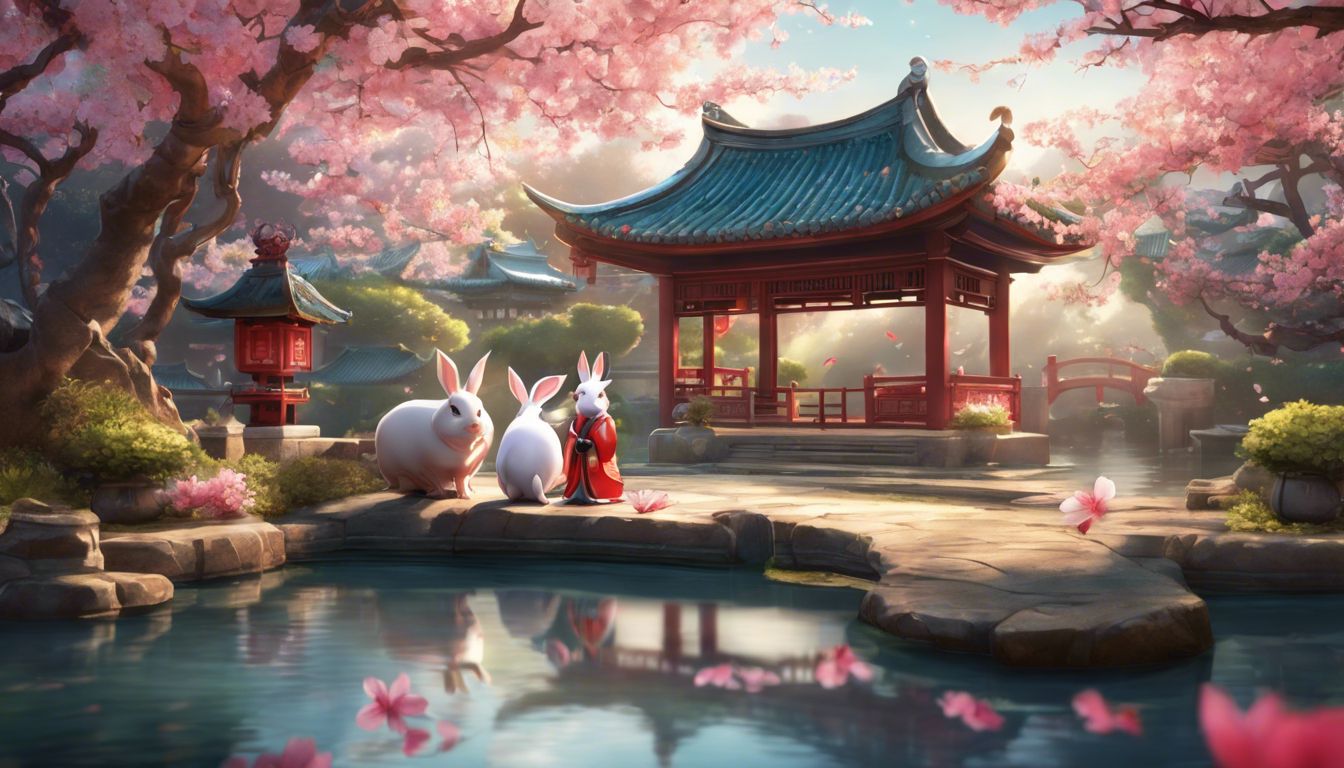 Figurines of Rabbit and Pig in traditional Chinese garden with cherry blossoms.