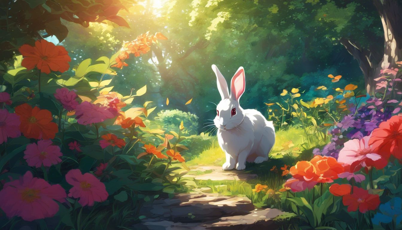 A rabbit explores a vibrant garden with colorful flowers and foliage.