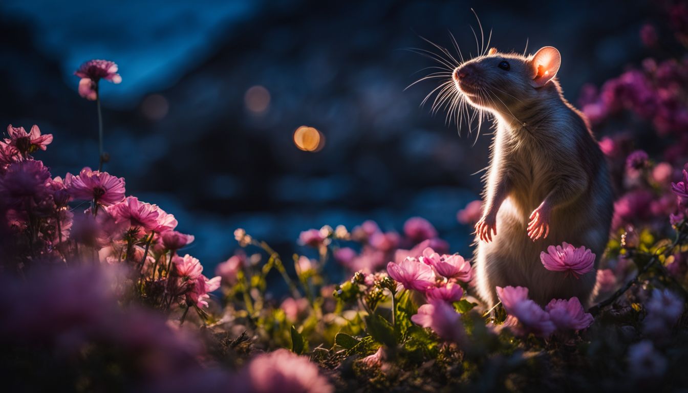 A rat in a blooming night garden captured in vivid detail.