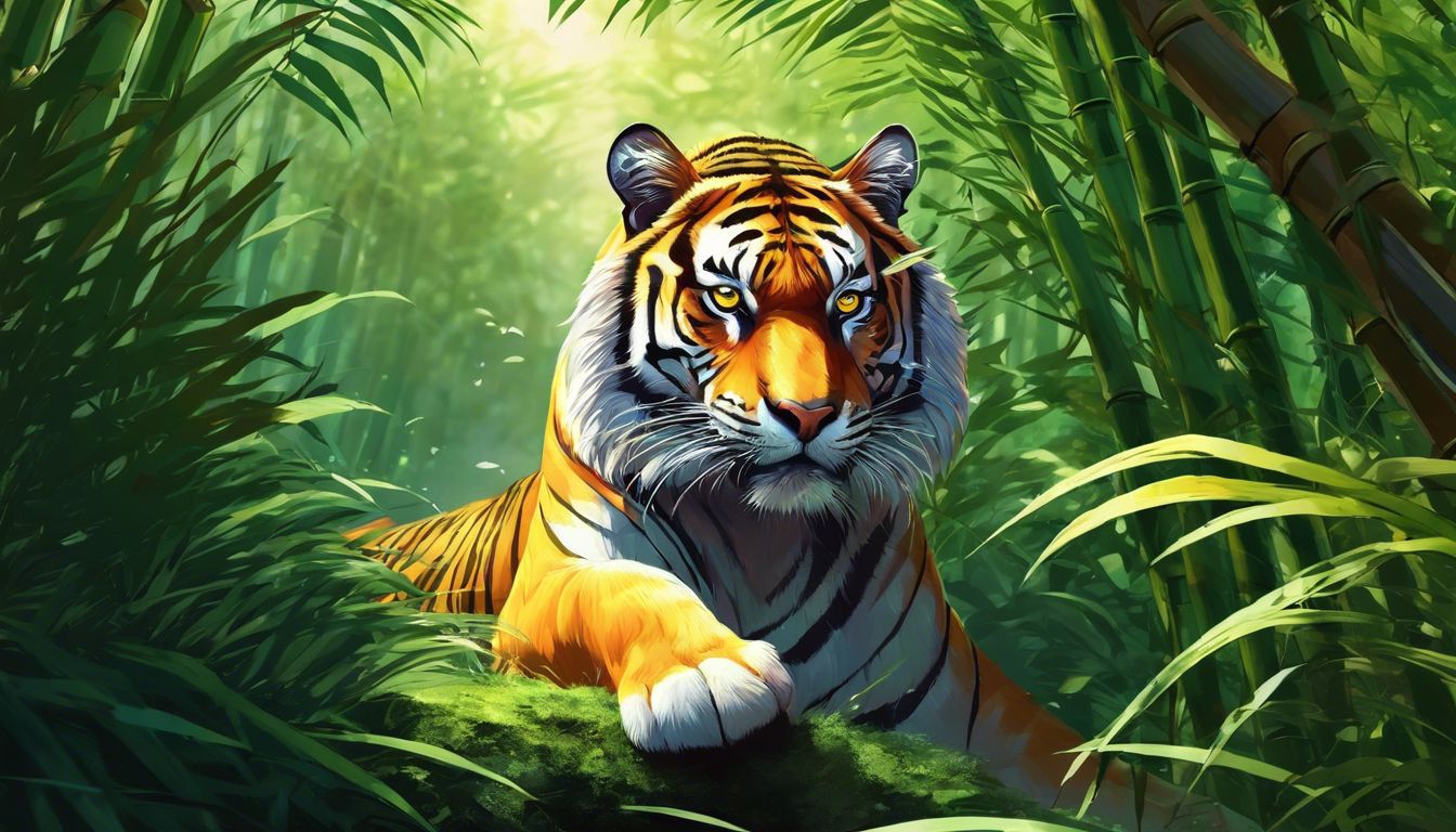 A tiger prowls through a bamboo forest with intense gaze.