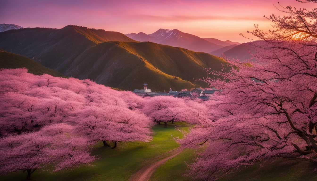 Vibrant cherry blossom field under a pink sunset sky.