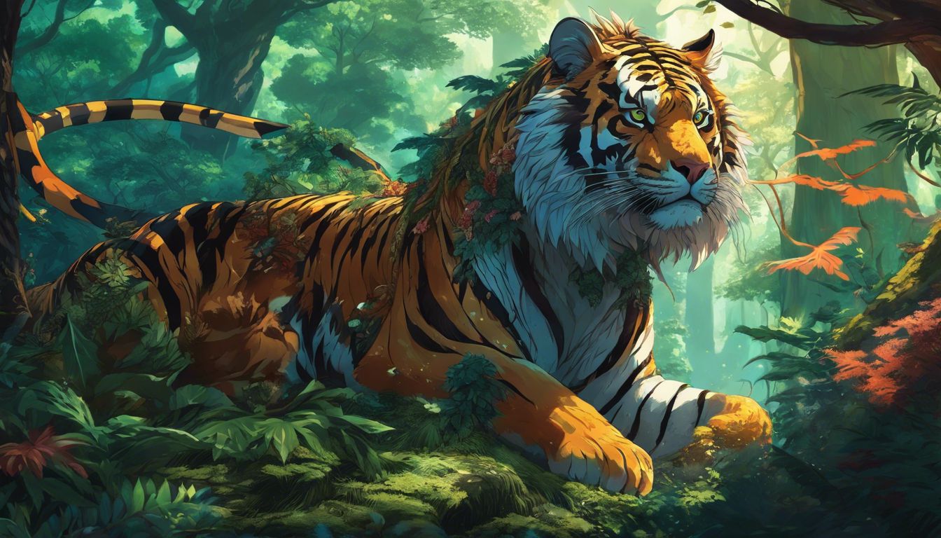 A powerful tiger and a mystical dragon coiled together in a forest clearing.