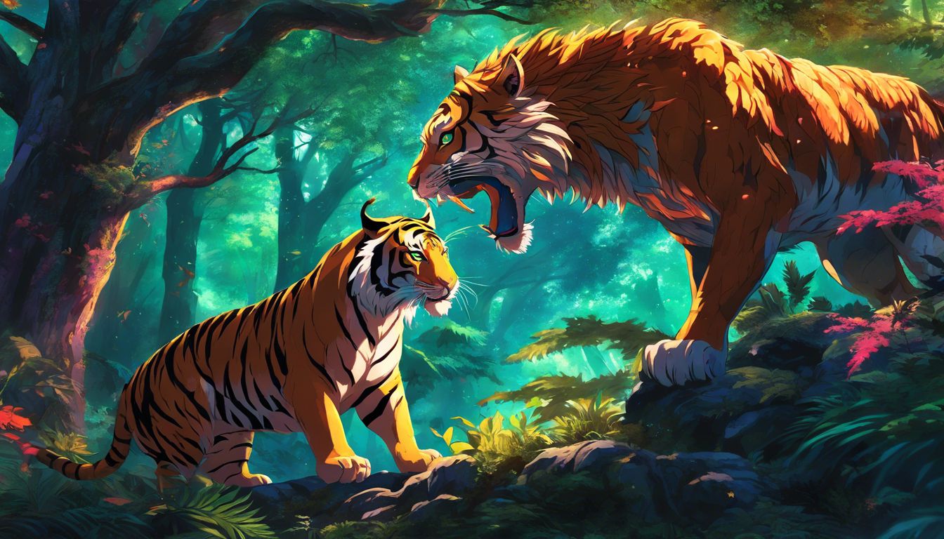 A majestic Tiger and Dragon face off in a mystical forest.