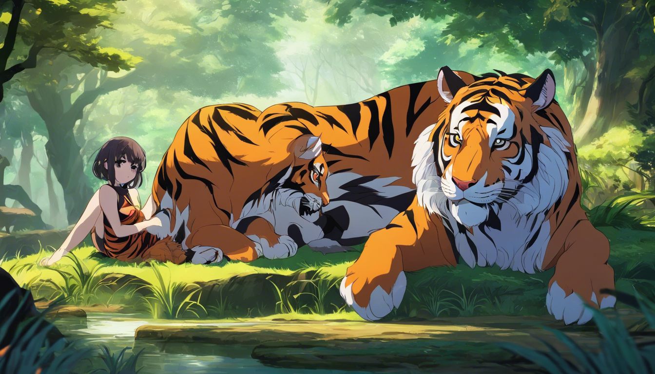 A tiger and a goat peacefully coexisting in a serene forest.