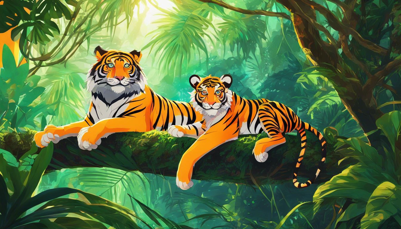 A tiger and a monkey relaxing on a jungle tree branch.