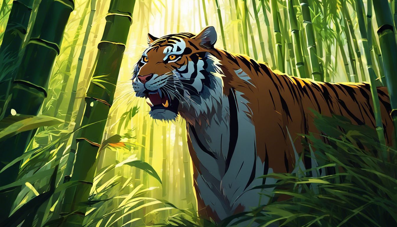 A fierce tiger in a bamboo forest with dramatic lighting.