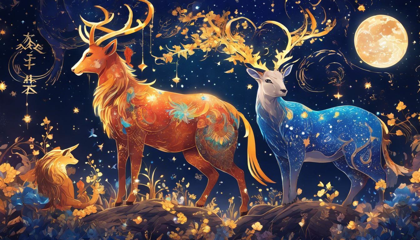 A constellation of Chinese zodiac animals in a vibrant night sky.