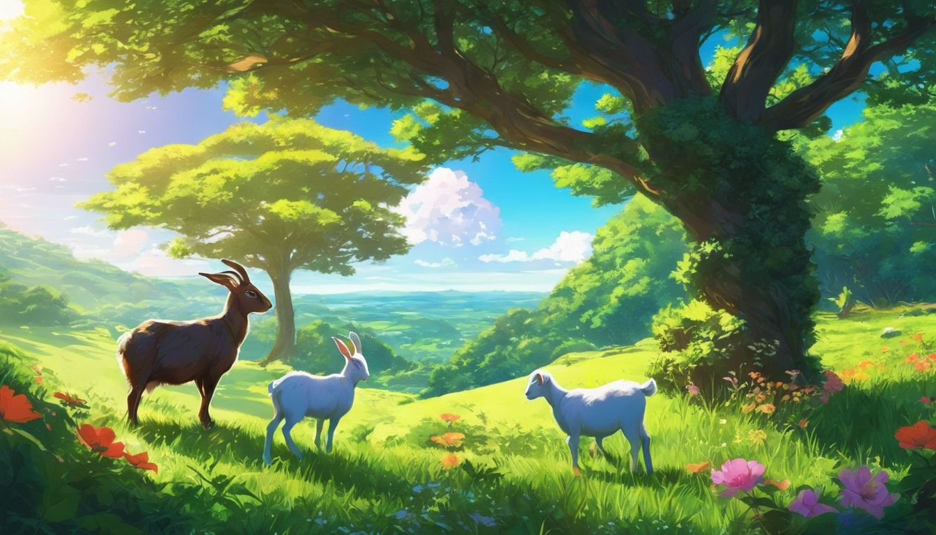 A rabbit and a goat peacefully grazing in a lush countryside.