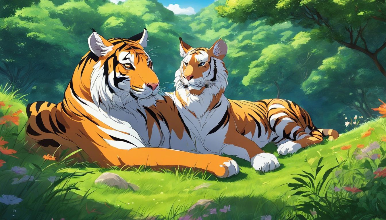 A tiger and goat resting peacefully in a serene meadow.