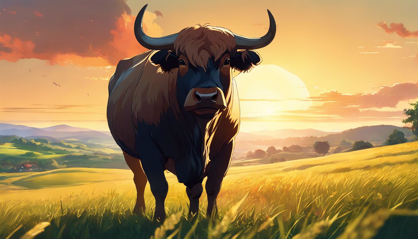 A powerful ox standing proudly in a peaceful countryside.