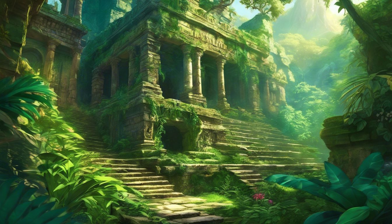 A beautiful snake coiled around ancient ruins in a lush jungle.