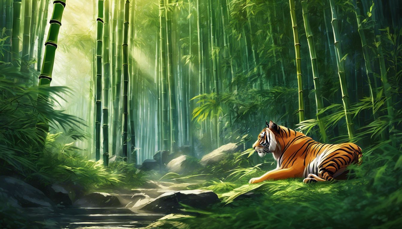 A serene bamboo forest with an ox and a tiger.