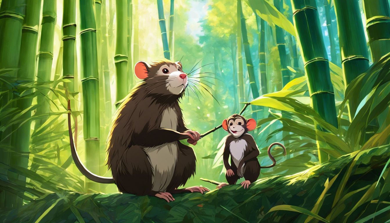 An animated rat and monkey play in a vibrant bamboo forest.