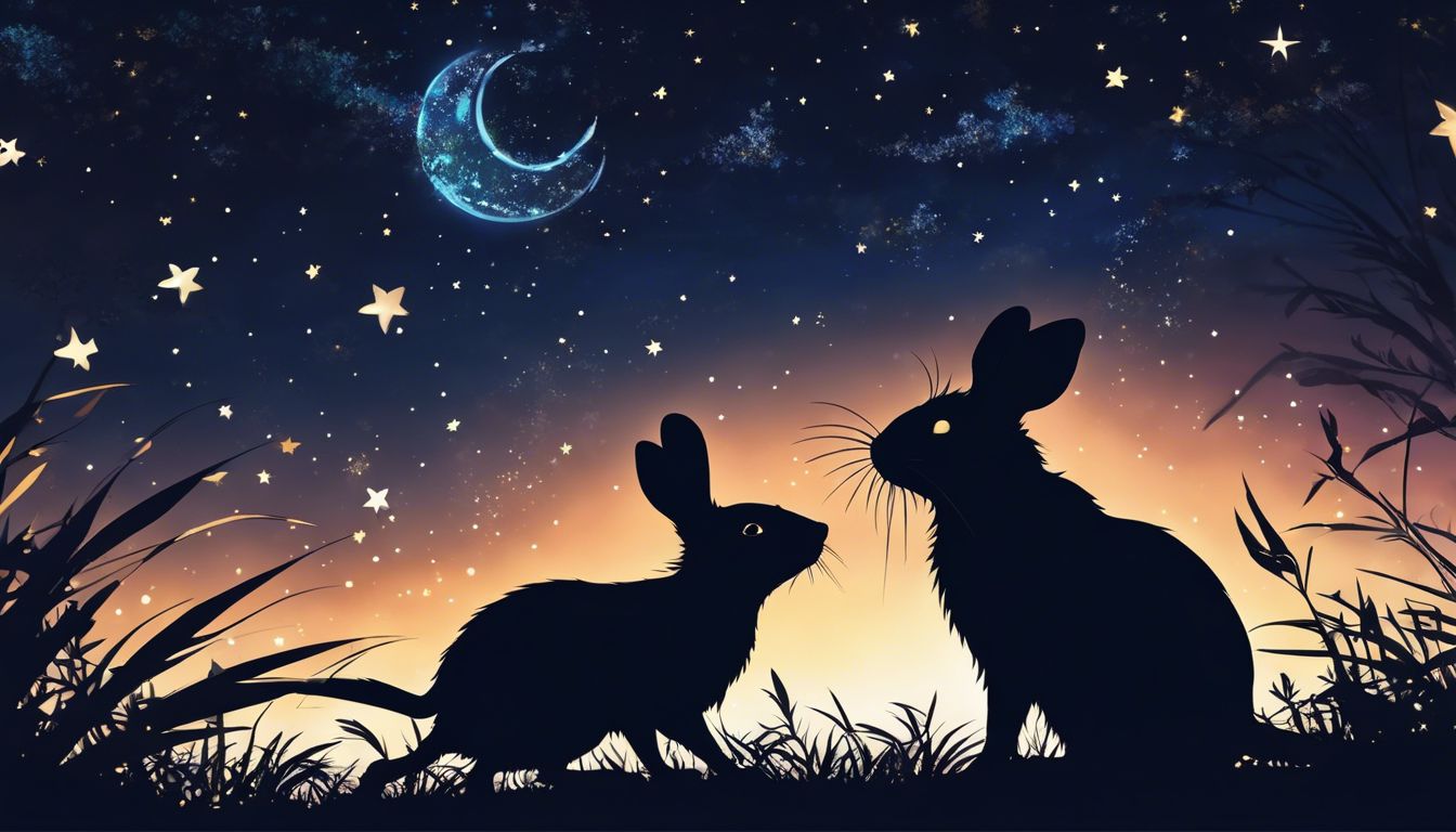 A playful interaction between a rat and rabbit under the night sky.