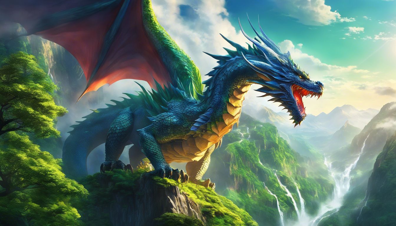 A majestic dragon flying over misty mountains and lush valleys.