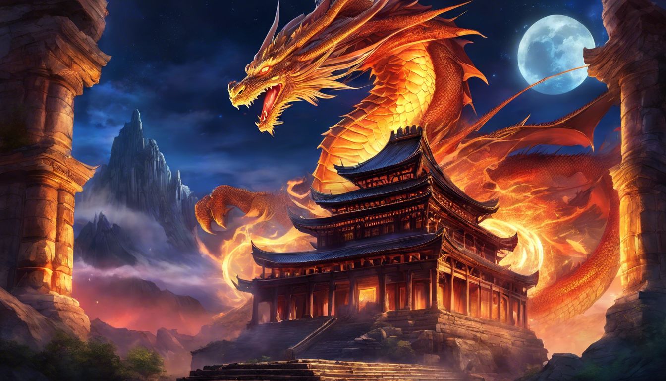 A powerful dragon guarding an ancient temple with fiery breath.