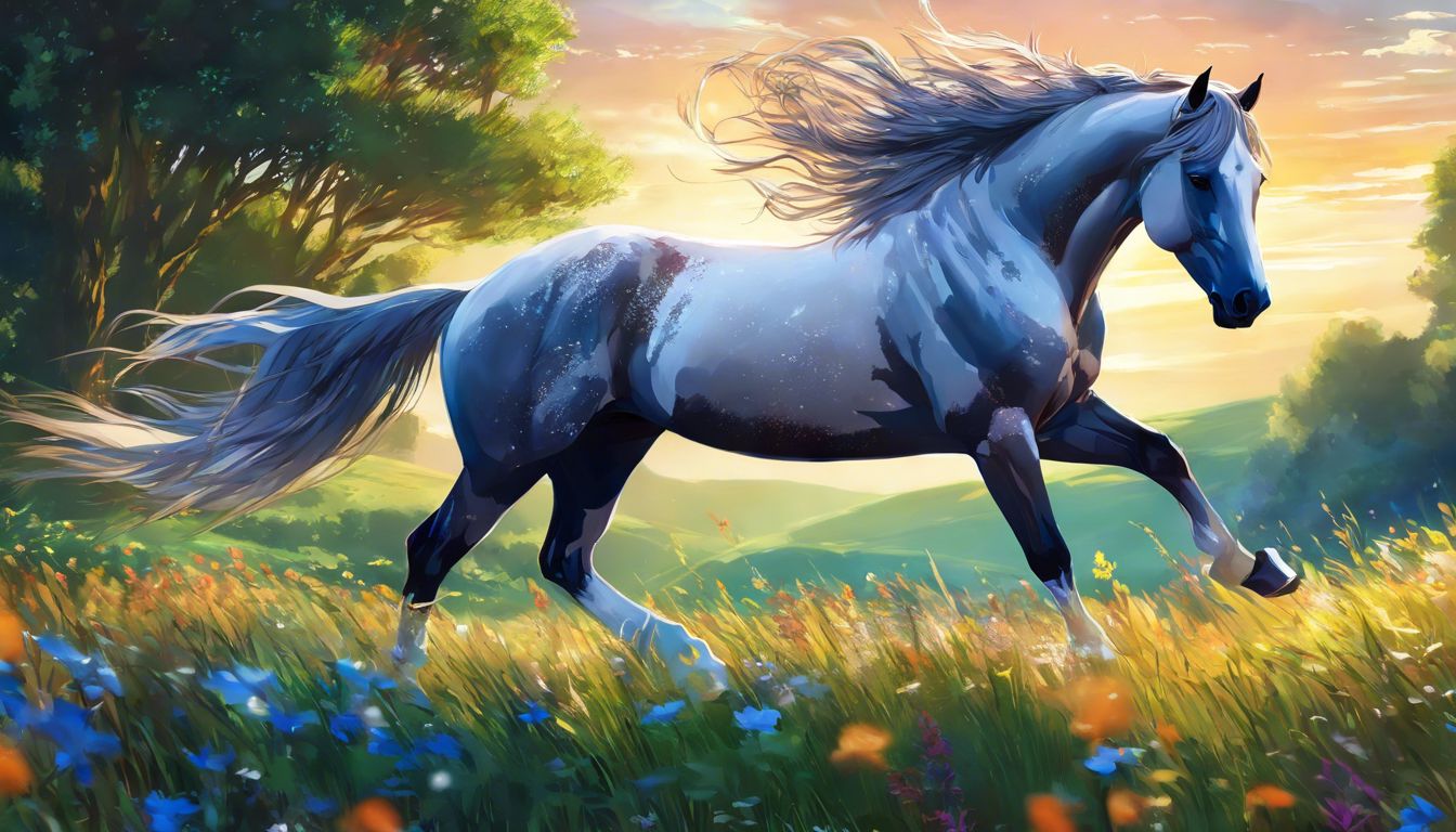 A stunning horse galloping through a sunlit meadow of wildflowers.