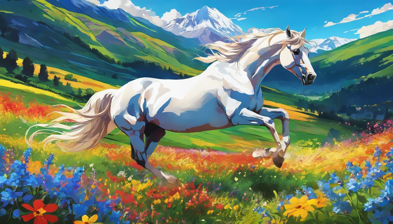 A horse galloping through a vibrant field of wildflowers and mountains.